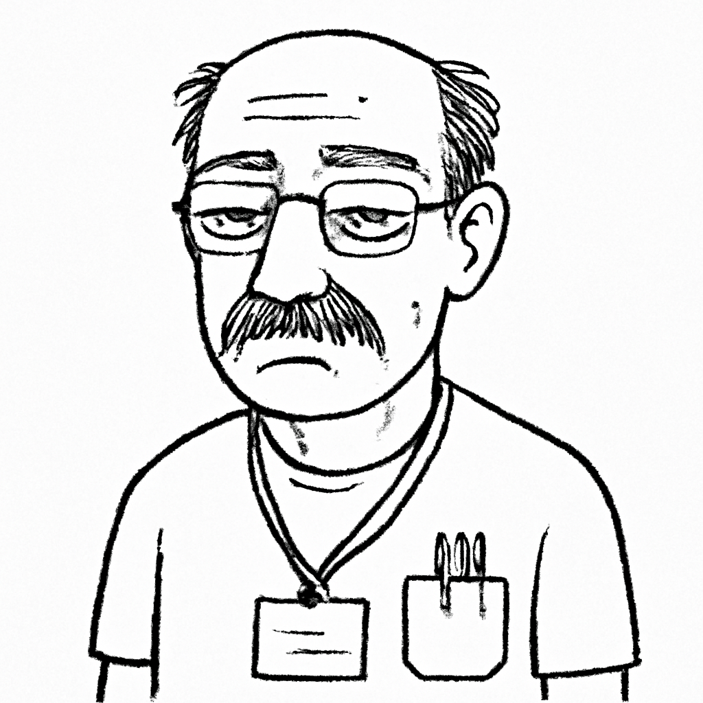 Line-art portrait of G. Gerald, an ordinary balding man with glasses and a mustache, expression flat